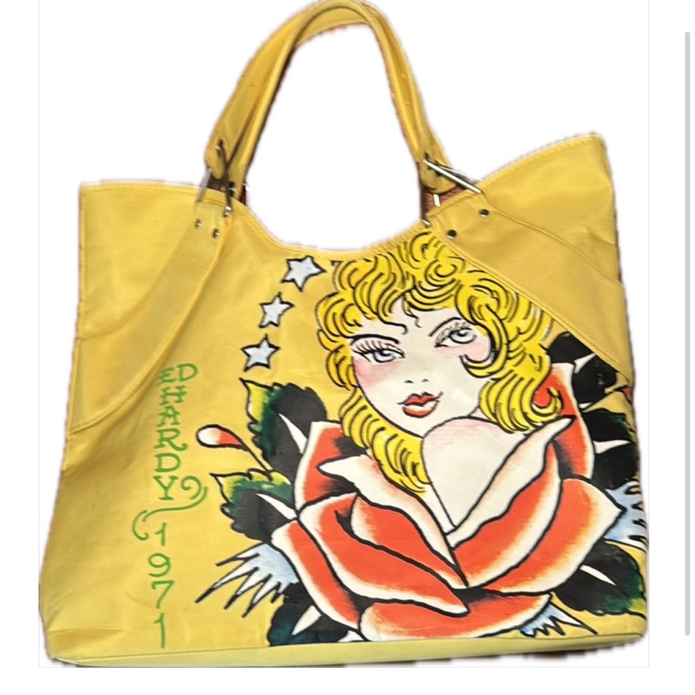 Ed Hardy Yellow Tote with Floral Pinup Graphic